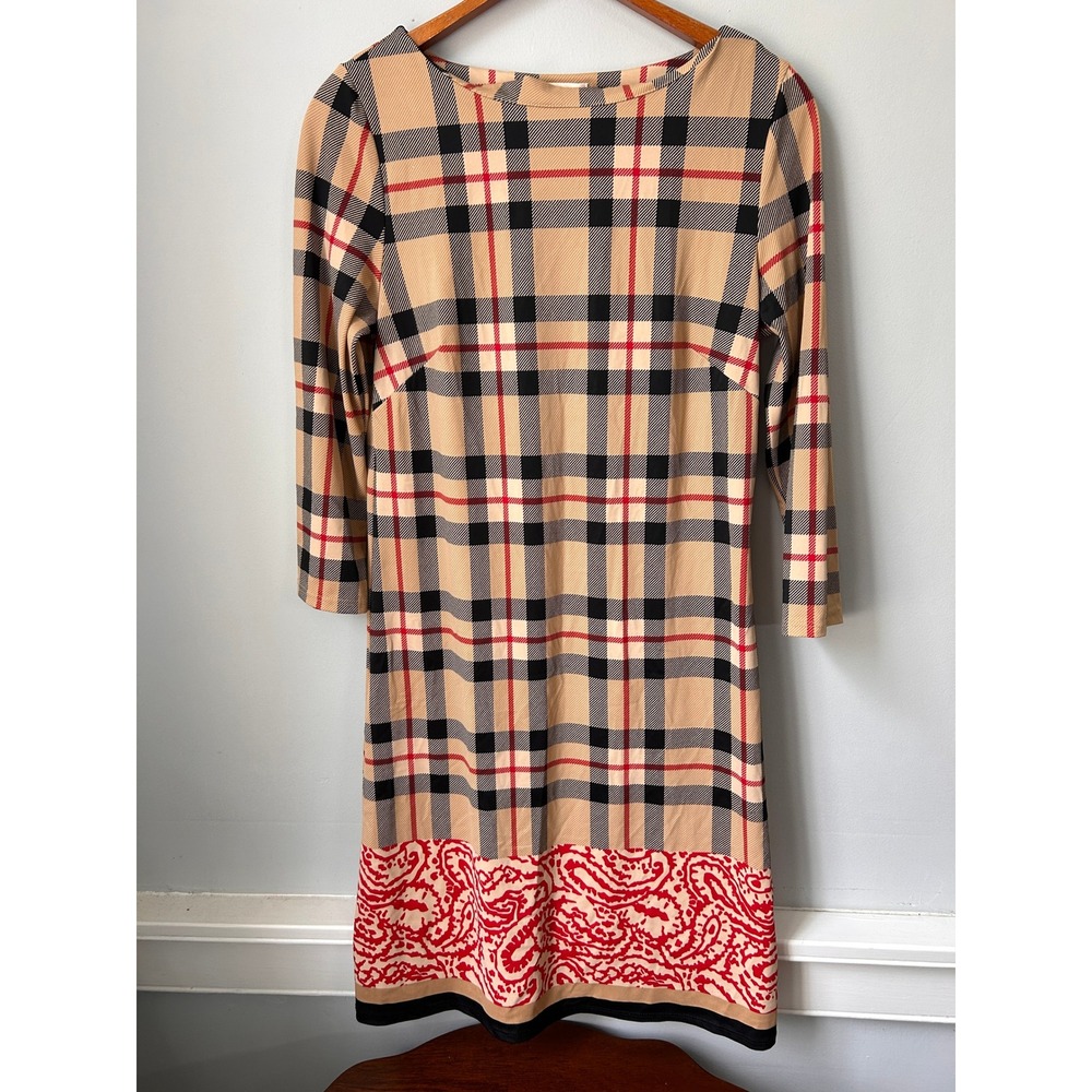 Jude Connally Tan Plaid Paisley Hem Shift Dress 3/4 Sleeve Size S Made in USA